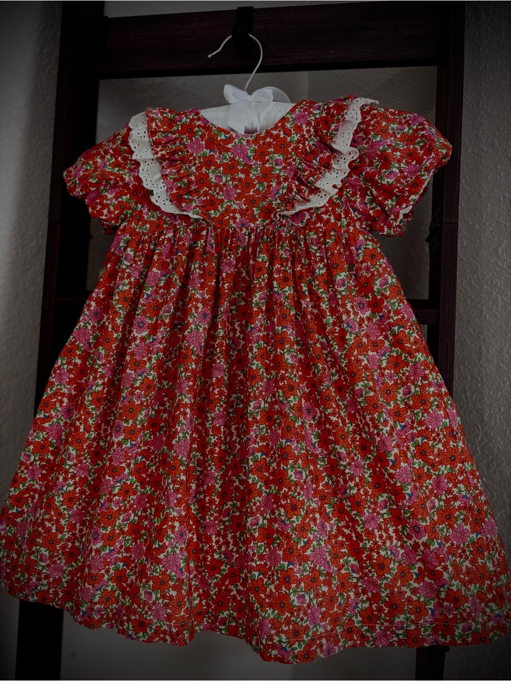 next Red & Pink Floral Cotton Dress with Lace Trim